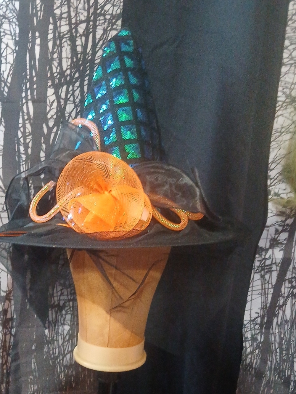 Women's Black Witch Hat with Iridescent Teal Scales and Orange Accent
